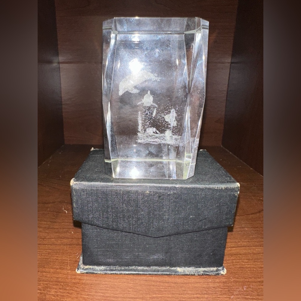 Crystal Image Laser Cut Frolicking Dolphin Paperweight 3 1/8”x2”‎ sq.